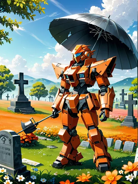 an orange-red mech stands on a meadow full of flowers，(holding a huge steel umbrella)，lower your head，(the whole scene looks dil...