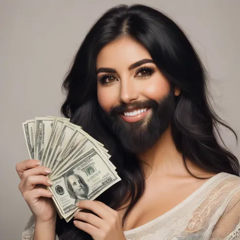 bearded woman beautiful shaggy beard, black hair, brown eyes, eyeliner, proud smile, seductive look, hold a load of dollar bills