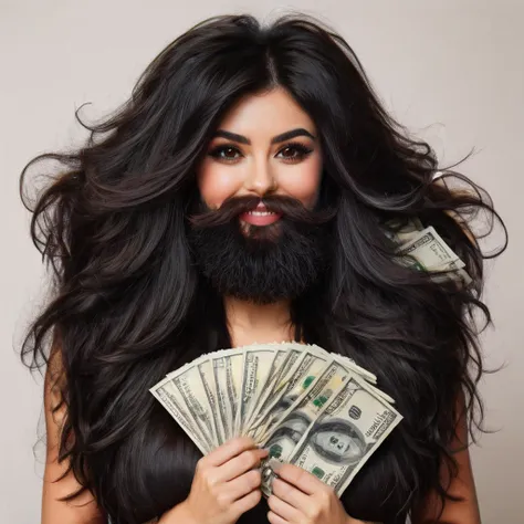 bearded woman beautiful shaggy beard, black hair, brown eyes, eyeliner, proud smile, seductive look, hold a load of dollar bills