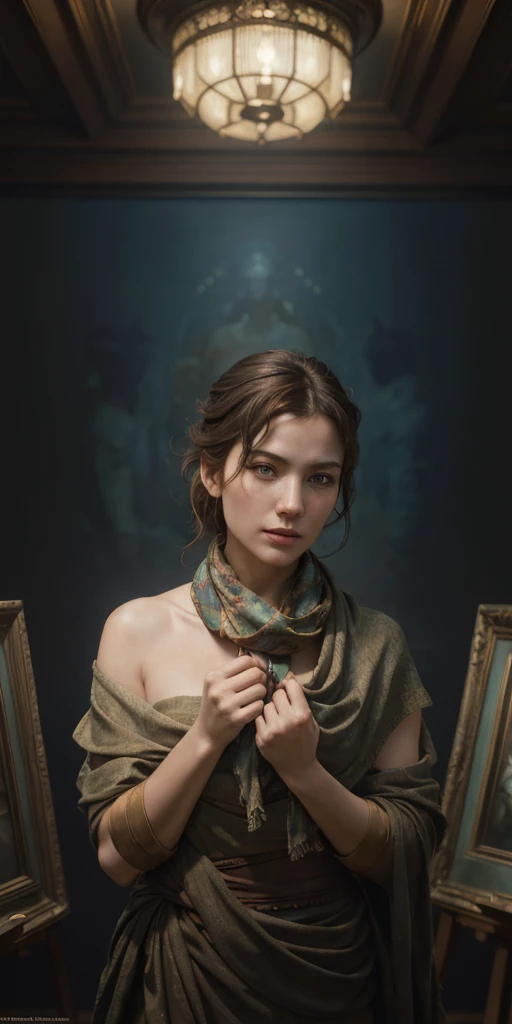 a painting of a woman with a scarf on her neck, (1girl:1.4), craig mullins alphonse mucha, artgerm craig mullins, beautiful char...