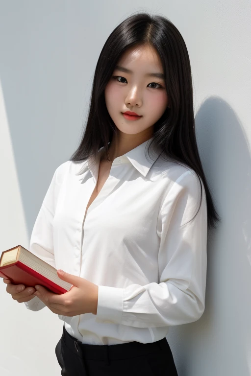 A young korean beautiful girl, 24-year-old, strikingly beautiful, black hair, delicate facial features, porcelain skin, expressive eyes, Masterpiece, premium quality, A young and pretty female teacher, holding a book and gently looking at the camera, weari...