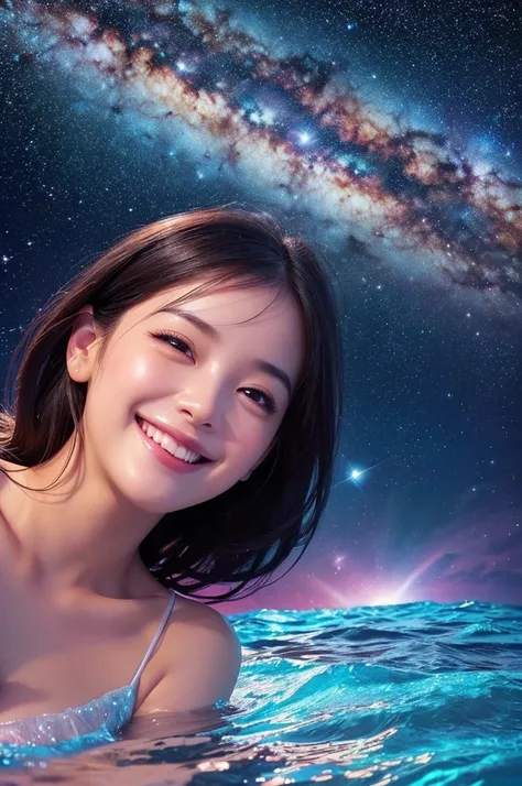 ((Ultra detailed face)),Describe a scene in which a beautiful female character is lying on water, Look up at the starry sky. Surround her with colorful nebulae and her favorite constellations.(((A big smile))).((amount)),Milky and pink theme