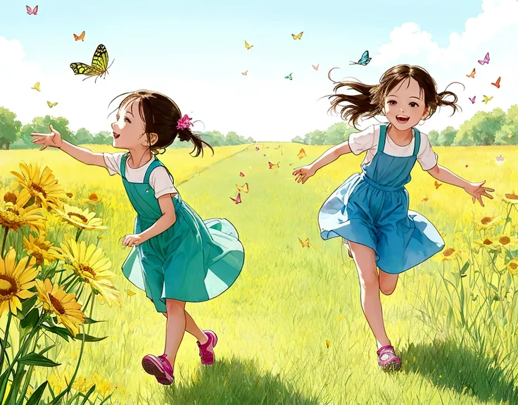 in a bright and cheerful field, two children chased butterflies with small nets. one child ran ahead while the other followed cl...