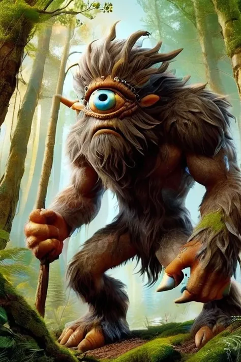 cyclops in a mythical forest, masterpiece, perfect face, intricate details, full body, monstrous, horror theme cyclops person