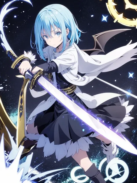 Rimuru with demon wings drawing his sword from a portal 