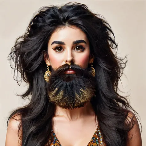 white woman bearded to the cheeks and hairy neck, large nose, makeup, black hair tied back, wears a huge shaggy beard, thick and...