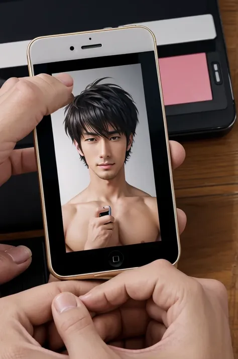 Anime of a handsome man using his phone to record a pornographic clip.