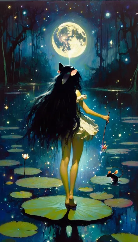 magical girl with her pet mouse, very long black hair, naked communing with nature and night magic, sinister swamp with water lilies, magic, fantastic, night sky, moons, stars, background, (art inspired by Bill Sienkiewicz ). oil painting)