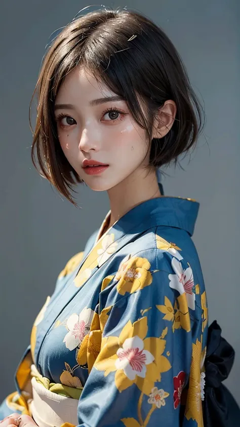 (Highest quality, masterpiece:1.3), shape, ((Beautifully detailed face)), beautifully detailed skin, Intricate details, Very detailed, Best image quality in 8K,(18 year old high school girl:kimono),A Japanese girl,Baby Face,(Detailed Hair,Bobcut:1.4),Detai...