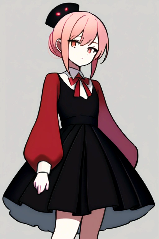 Girl with pink hair, in formal wear with red sleeves, in a black skirt, with a red bow on his head