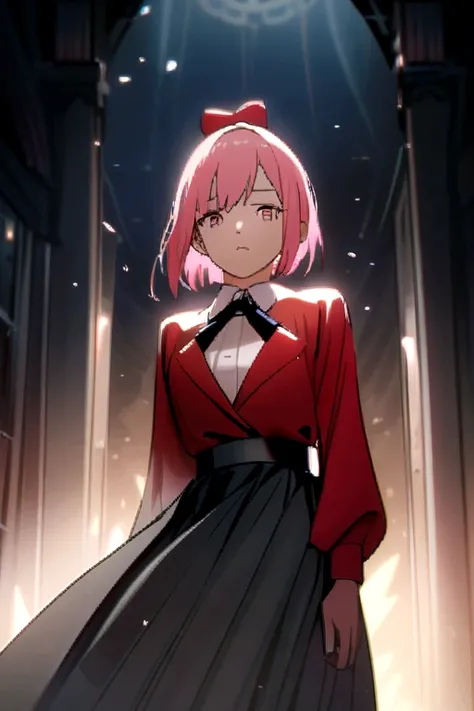 Girl with pink hair, in formal wear with red sleeves, in a black skirt, with a red bow on his head