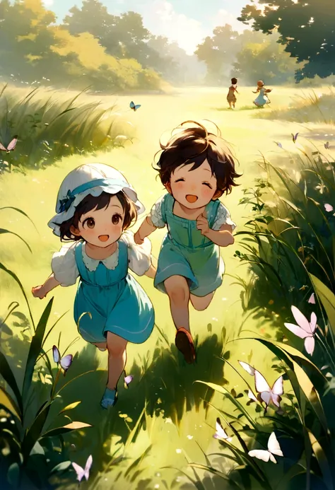 In a bright and cheerful field, two children chased butterflies with small nets. One child ran ahead while the other followed closely behind, both in a state of playful pursuit. The scene was filled with the essence of childhood innocence, as they joyfully...