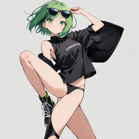 16k works,Highest quality,18-year-old,No background.White background only,whole body、Kneel,Dynamic and sexy pose, One person, Beautiful Face,, Symmetrical eyes, Perfect body, Good balance、 Perfect body、Green Hair, (Boyish short hair:1.3), High Fashion Bran...