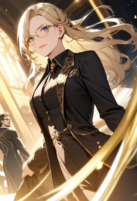 noble，blond，grace，Black suit，Gold rimmed glasses