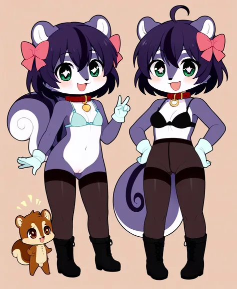 boy and girl, squirrel, furry, bodyfur, tail, collar, bra, bottomless, gloves, boots, chibi, sparkling eyes, idol, hair bow, happy, full body, penis, testicles, some perfect pussy, no panties under pantyhose