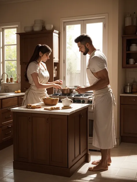 1 man , 2 wife in the kitchen, romanthic momen, hyperrealistic 