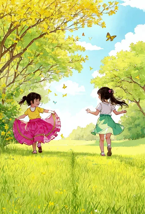 In a bright and cheerful field, two children chased butterflies with small nets. One child ran ahead while the other followed closely behind, both in a state of playful pursuit. The scene was filled with the essence of childhood innocence, as they joyfully...