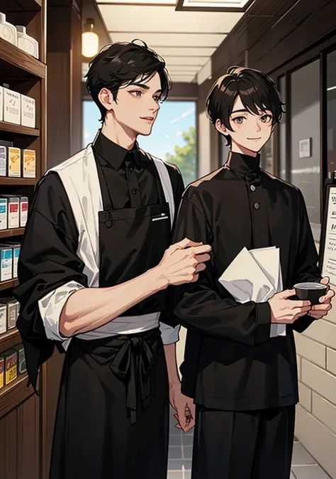 A tall boy with short black hair that wear a black mask and a white university shirt under black apron standing with a boy with short black brown hair that wear a university shirt both of them smile with happiness standing in front of soy milk store