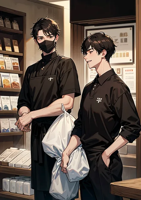 A tall boy with short black hair that wear a black mask and a white university shirt under black apron standing with a boy with short black brown hair that wear a university shirt both of them smile with happiness standing in front of soy milk store