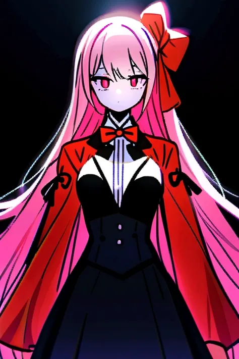 Girl with pink hair, in formal wear with red sleeves, in a black skirt, with a red bow on his head
