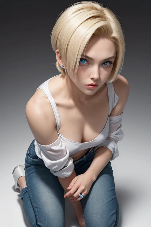 sexaroid,Android18,blonde short hair,ring earrings,light blue eyes,cool beauty,squat down on your knees,(turn one&#39;s face up),narrow your eyes,(open your mouth:1.5),turn to the viewer,(((look directly above the face))),(((White short-sleeved T-shirt,ski...