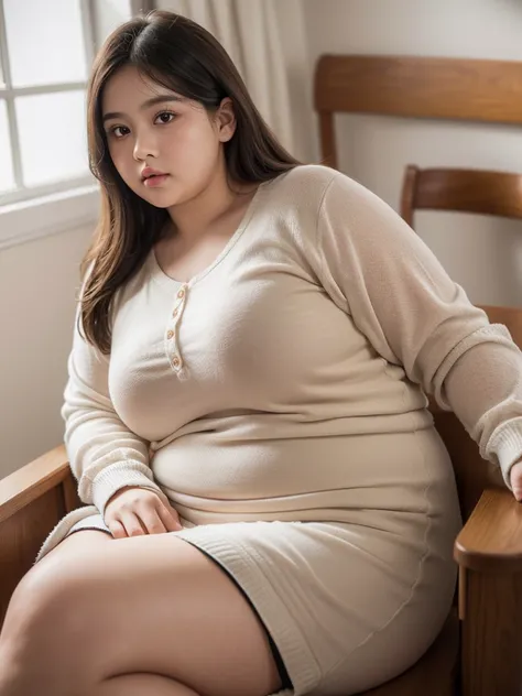 a fat 10 year old obese girl wearing, full body  , beautiful detailed eyes, beautiful detailed lips, extremely detailed eyes and face, long eyelashes, round chubby cheeks, fat body, sitting on a chair, school classroom background, (best quality,4k,8k,highr...