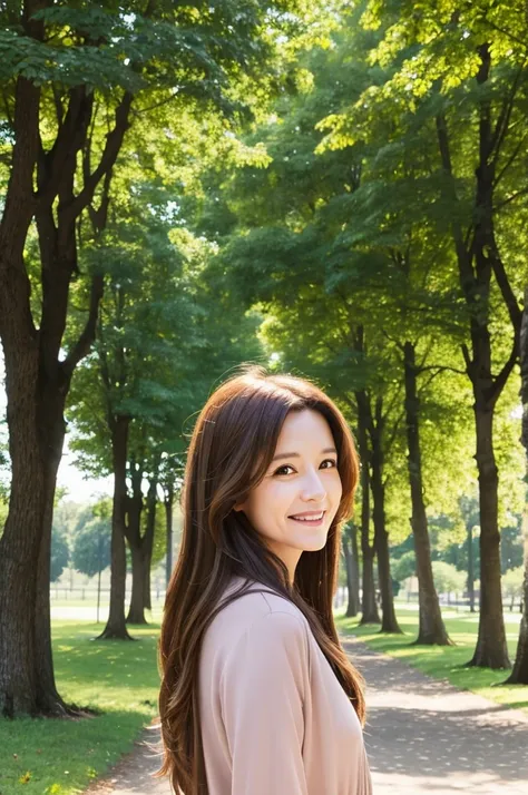 profile picture of a happy middle aged woman with long brown hair standing outside in a sunny park with trees in the background, digital art