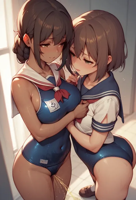 Primary school students　beautiful girl　(((Dark brown skin))) Princess Connect　Peeing　Sailor suit　School Swimsuit　sweat　Cradling face with both hands　wariza