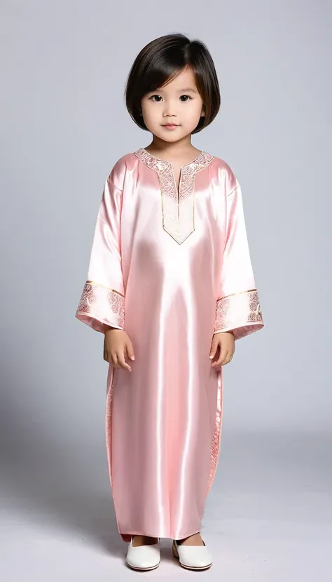 make a daughter about 2 years old, height 78 cm, short crew cut hair, wearing a rose quartz colored long-sleeved caftan, wear white shoes, full body, Indonesian children, portrait view