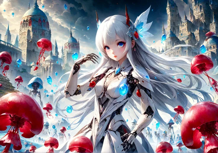 anime girl with white hair and blue eyes surrounded by jellys, 2. 5 d cgi anime fantasy artwork, anime fantasy artwork, 4k highly detailed digital art, anime fantasy illustration, beutiful girl cyborg, cute cyborg girl, 4k fantasy art, anime style 4 k, ani...