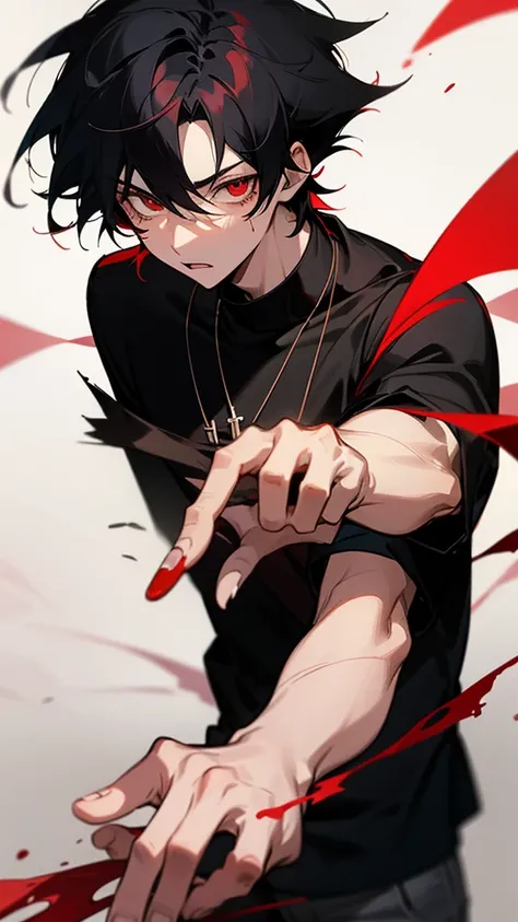 Anime 18 year old boy with redish black hair and a scar on his left eye with red blood eyes black tught shirt a cross necklace and a red xhacket.