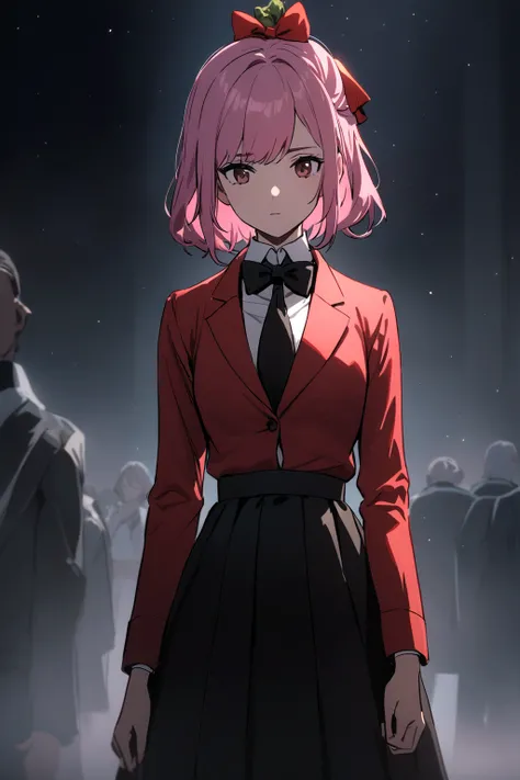 Girl with pink hair, in formal wear with red sleeves, in a black skirt, with a red bow on his head