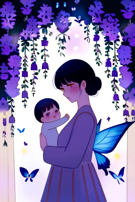 work of art, best qualityer, A baby with dark eyes, shorth hair, in lilac dress, in an enchanted butterfly garden 