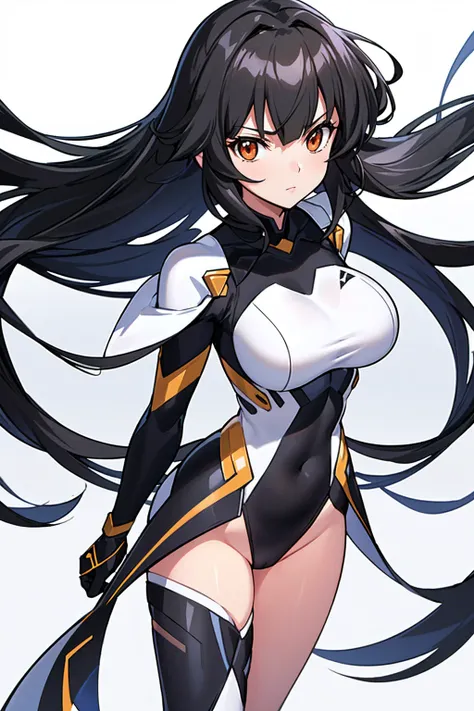 whole body,Standing posture, (alone,Beautifully arranged hair,Black Hair,Straight Long Hair,Hime cut,Cropped bangs,) (Super big breasts,Girl,), (beautifully drawn face:1.2) (High leg leotard,Symphogear Suit,Sci-Fi Suit) Expressionless,(White background) 