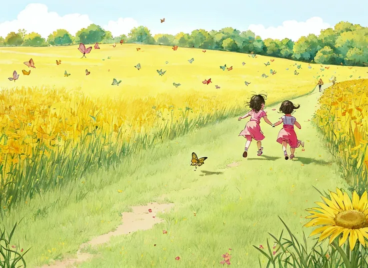 In a bright and cheerful field, two children chased butterflies with small nets. One child ran ahead while the other followed closely behind, both in a state of playful pursuit. The scene was filled with the essence of childhood innocence, as they joyfully...