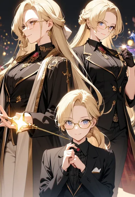 noble，blond，grace，Black suit，Gold rimmed glasses，male，one person，Magic wand in hand