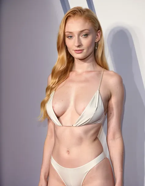 (full body) full-length shot of Sophie Turner leaning forward giving a direct view into the cleavage, in underwear, nsfw pose, blonde hair tied back, ultra sharp focus, (high detailed skin:1.2), 8k uhd, dslr, high quality, film grain, Fujifilm XT38k, {{1gi...