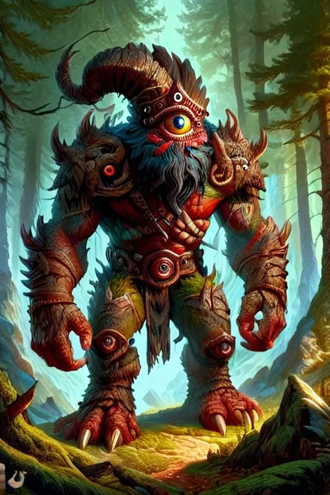 cyclops in a standing over a forest, masterpiece, intricate details, full body, monstrous, horror theme cyclops person, horror a...