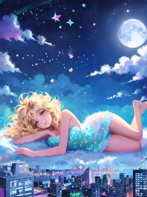 a beautiful 20 year old blonde nude woman with big messy hair, laying on a fluffy cloud, floating gracefully over a small city, cityscape, twinkling stars and glowing moon at night, cute detailed digital art, colorfull digital fantasy art, digital fantasy ...