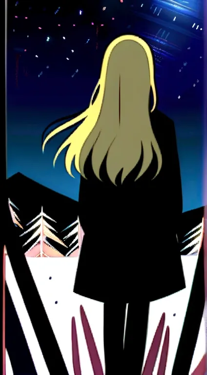 １people々々々々々,Blonde long hair，Long coat，silhouette， Rear View，Space Sky, milky way, Anime Style, cherry blossoms，夜cherry blossoms，辺り一面に舞うcherry blossoms吹雪，Night view of the city from the mountainside，