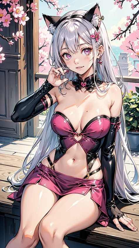 Silver Hair, Pink Eyes, Body, Cat ears, Sexy Girls, earrings, Flower sky background, Pink Red , Hair accessories, sit down, Smiley Face