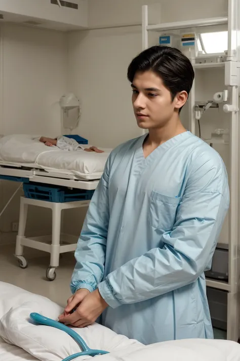 A cute, beautiful male young man with black hair, a medical genius, a surgeon, wearing a long-sleeved aquamarine shirt and white pants. He is in the operating room for general surgery, and behind him are medical tools for surgery and other things.