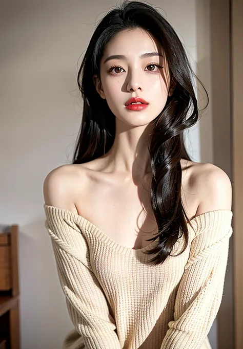 1girl hd, sweater, hd background, Red lips, Brown eyes, long black hair, focus on face and neck, elegant neckline