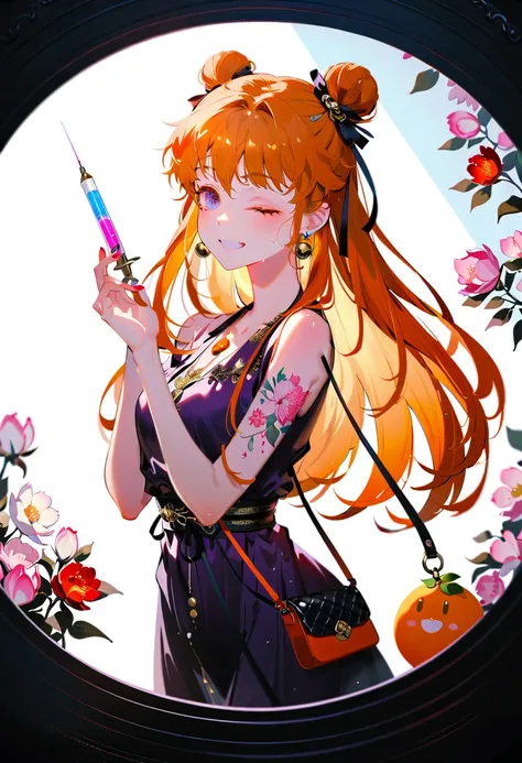 Purple hair girl painting、Glass mandarin orange earrings decorate both ears、Eye color: Ocean pink purple、Space Eyes、Inside the room、(((Giant orange shaped cushion)))、((Hugging on a cushion))、Sit down, long hair、Bun Hair、Cool and complicated, Hand holding s...