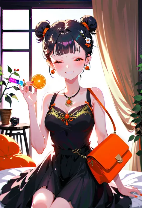 Purple hair girl painting、Glass mandarin orange earrings decorate both ears、Eye color: Ocean pink purple、Space Eyes、Inside the room、(((Giant orange shaped cushion)))、((Hugging on a cushion))、Sit down, long hair、Bun Hair、Cool and complicated, Hand holding s...