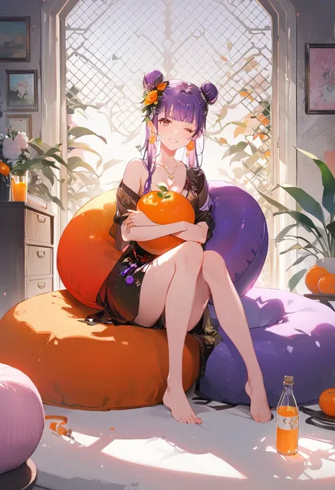 Purple hair girl painting、Glass mandarin orange earrings decorate both ears、Eye color: Ocean pink purple、Space Eyes、Inside the room、(((Giant orange shaped cushion)))、((Hugging on a cushion))、Sit down, long hair、Bun Hair、Cool and complicated, Hand holding s...