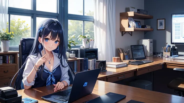 Highest quality、Highest quality、masterpiece、(8K),beauty(Age 25)、Navy blue long hair、Working indoors、Operating a computer、blue eyes、smile、background(Daytime)、Tie your hair with a checked ribbon、Blue bracelet、、Blue Necklace、Blue Earrings