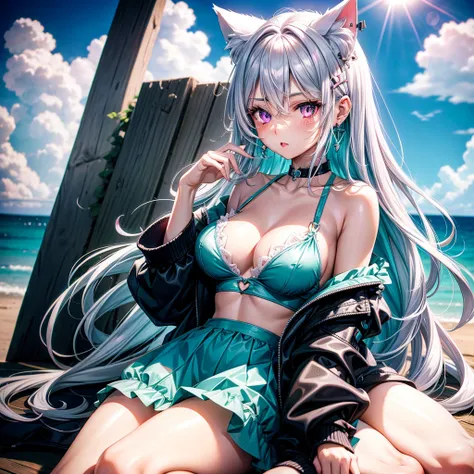 Silver hair, pink eyes, body, cat ears, sexy girl, earrings, cloud and sun background, hair bows, sit, teal green, looking down