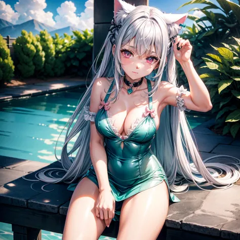 Silver hair, pink eyes, body, cat ears, sexy girl, earrings, cloud and sun background, hair bows, sit, teal green, looking down