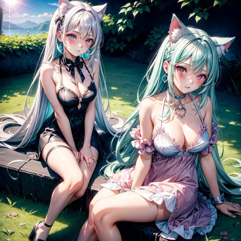 Silver hair, pink eyes, body, cat ears, sexy girl, earrings, cloud and sun background, hair bows, sit, teal green, looking down